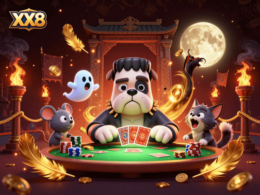 Experience the thrill of XX8 with a Frankenstein bulldog dealing cards in a vibrant casino scene.