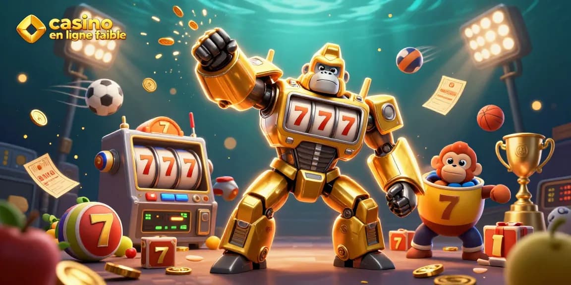 Casino en ligne fiable : illustration d'un gorille mécano joueur de machine à sous avec une explosion de pièces d'or.