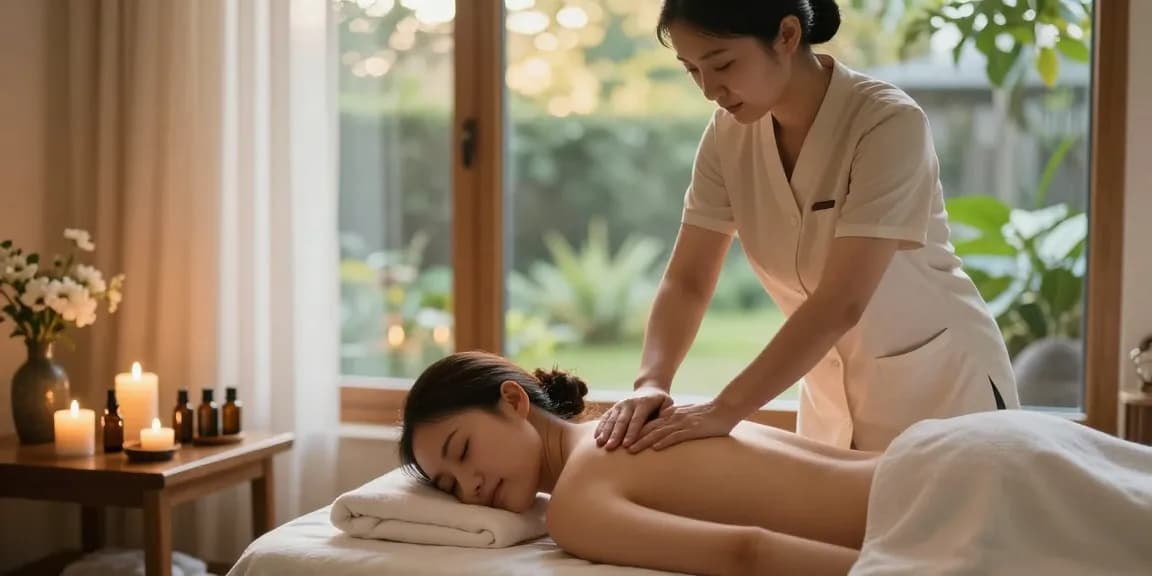 Massage therapy session in a tranquil spa environment with soothing lighting and professional touch.