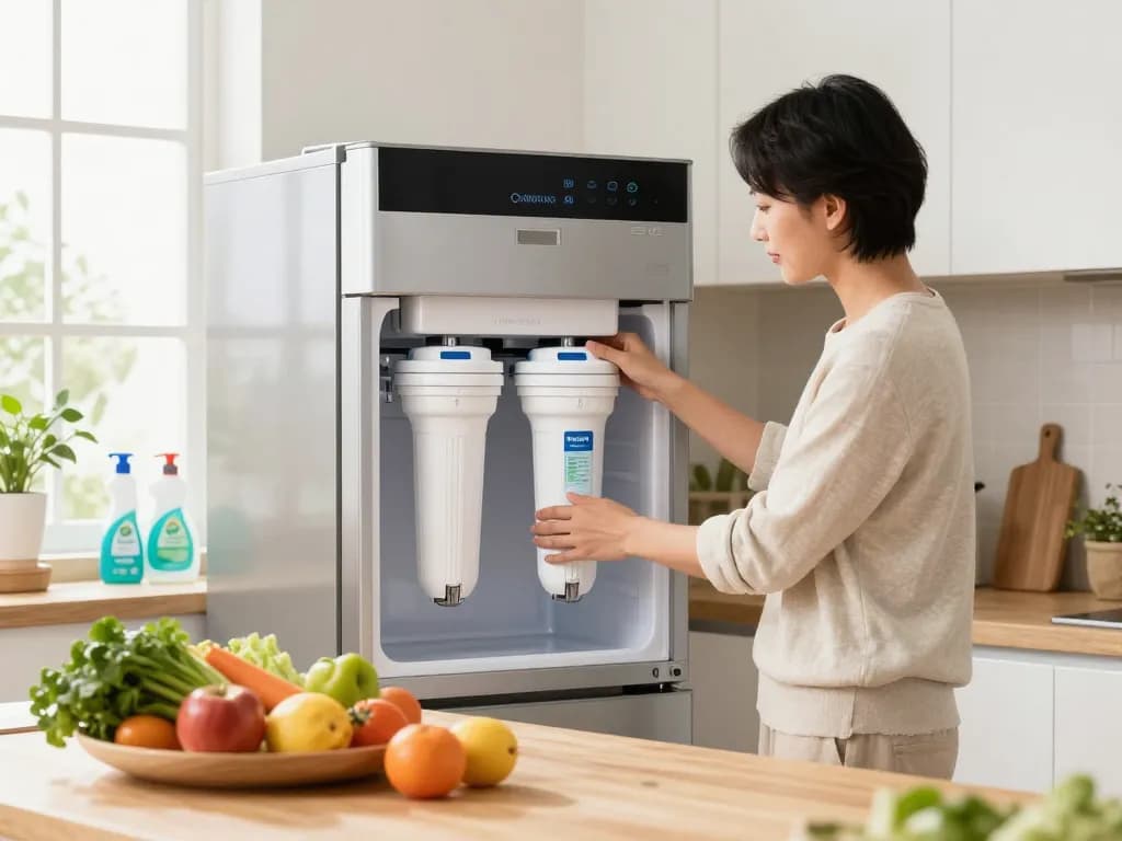 Installing the Filterlogic DA97-17376B Replacement for Samsung® HAF-QIN in a bright modern kitchen with fresh produce.