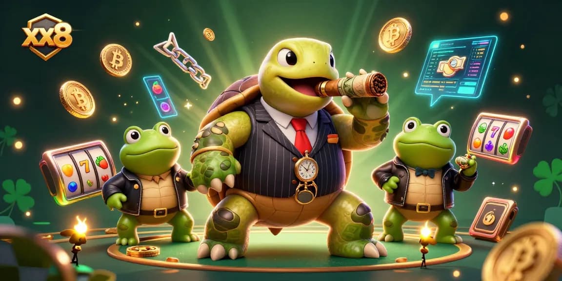 Play exciting games at xx8 featuring a turtle mobster surrounded by crypto elements