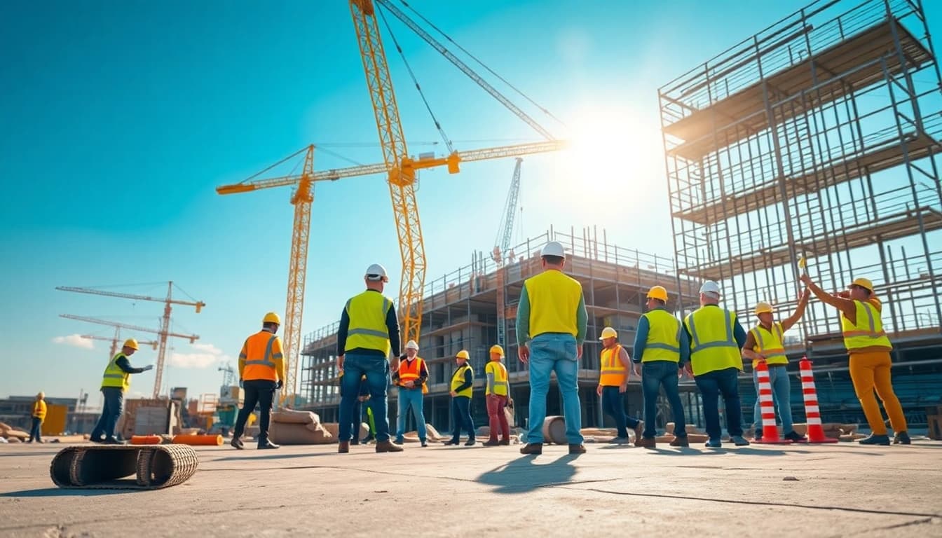 Showcasing construction activities with workers on-site, emphasizing teamwork.