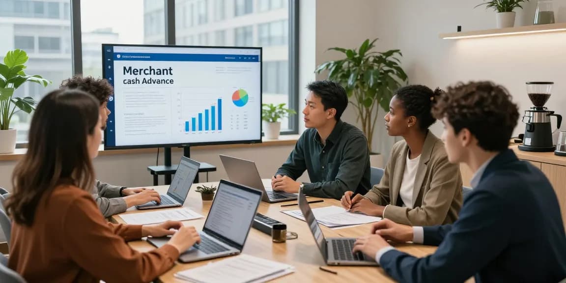 Team brainstorming about a uk merchant cash advance in a modern office setting with charts and laptops.