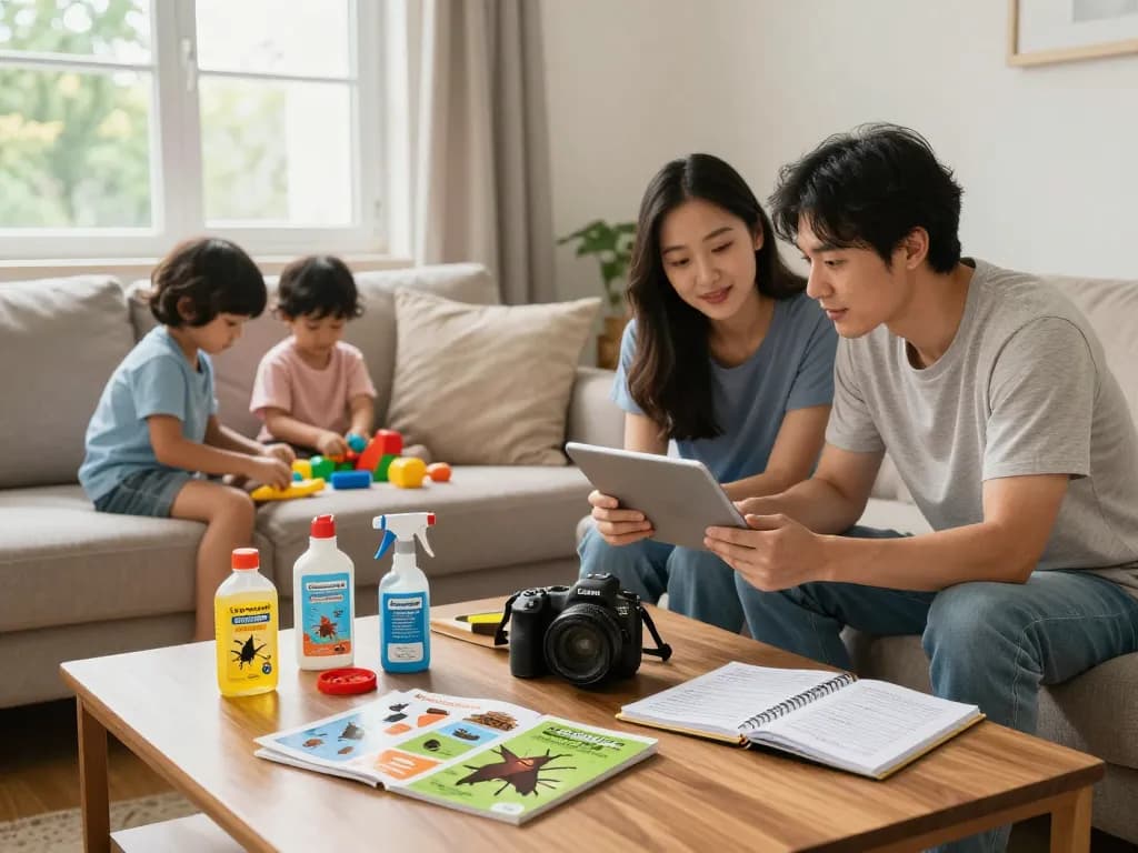 Pest control guide preparation in a cozy family living room, showcasing proactive pest management.