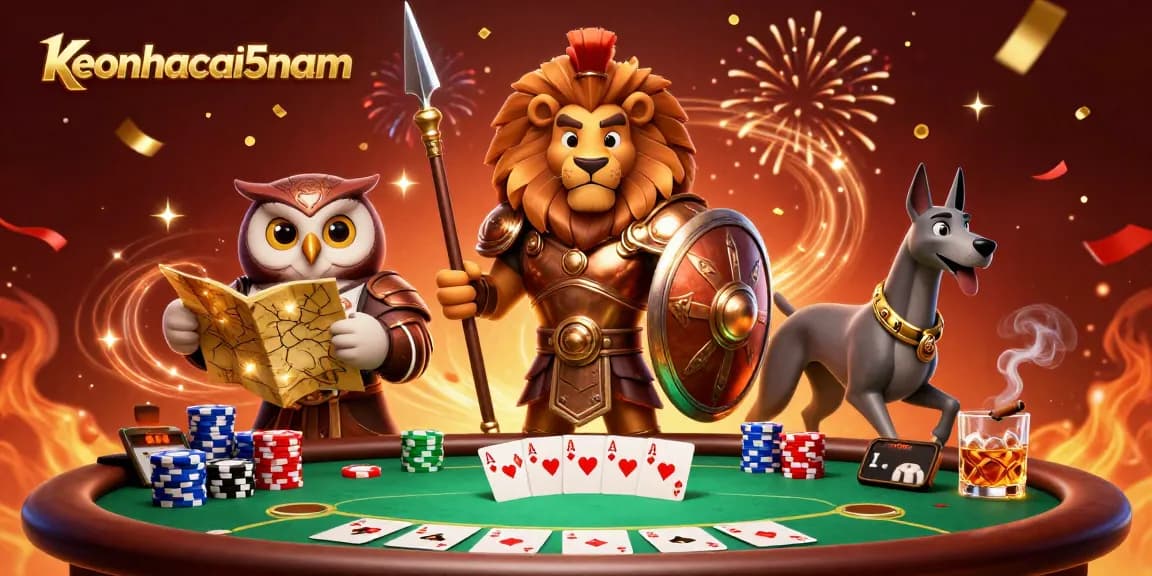 Engage with keonhacai5nam in a vibrant cartoon casino scene featuring a lion, owl, and greyhound.