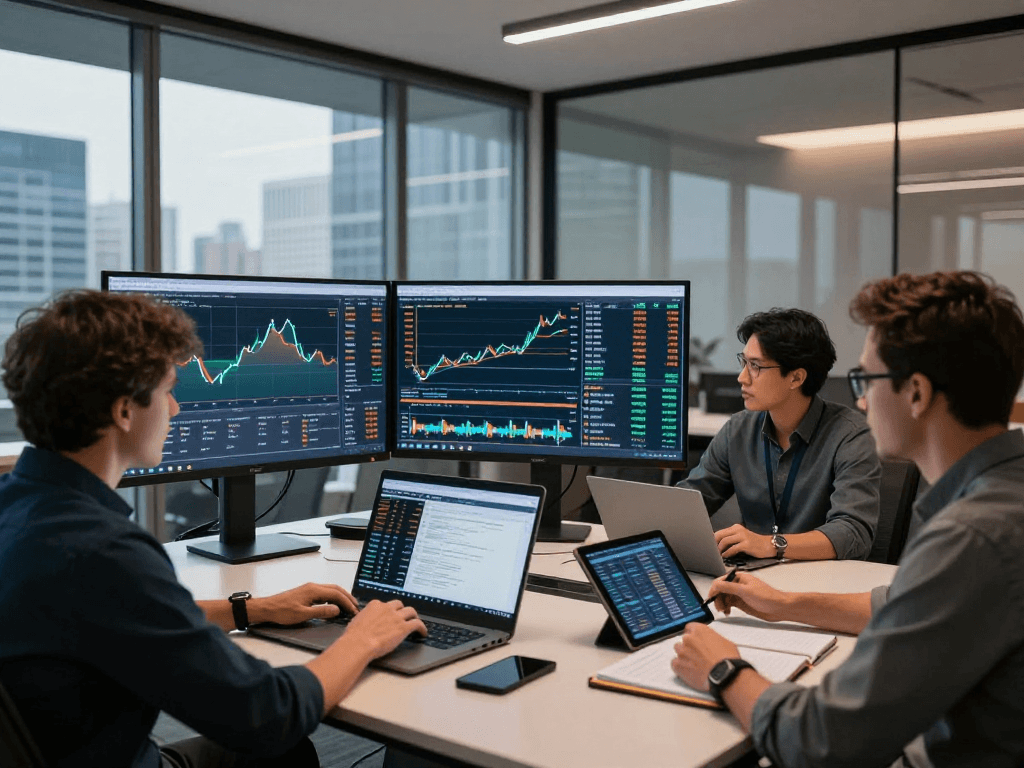 Dynamic trading team analyzing the platinum live price API and market trends in a modern office.