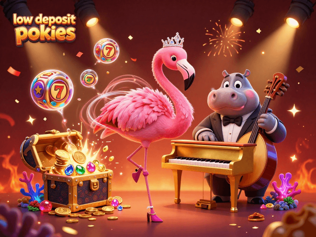 Experience low deposit pokies with colorful slot reels and lively characters in a festive setting.