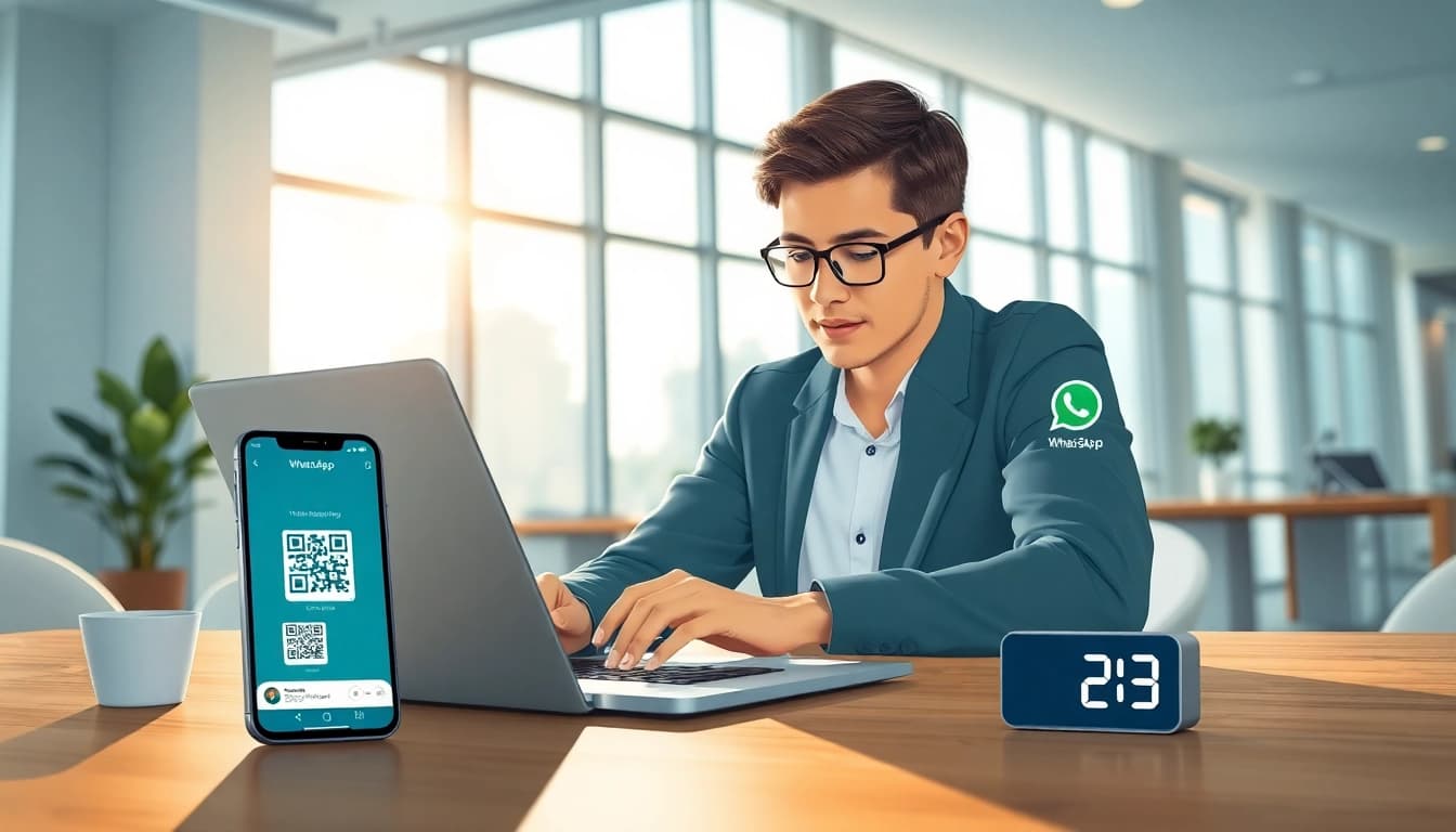 在笔记本电脑上显示的 WhatsApp Web 界面，展示消息和视频通话功能，适用于现代办公环境。
