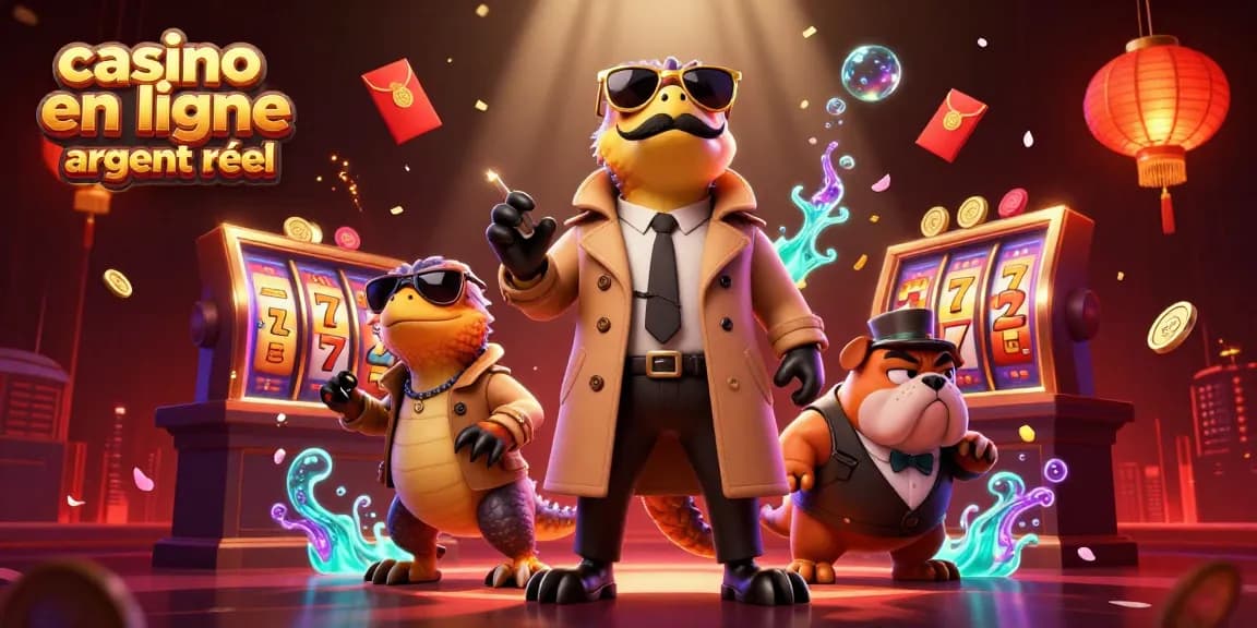 Illustration dynamique de trois raptors déguisés en un homme entrant dans un casino VIP, représentant le casino en ligne argent réel