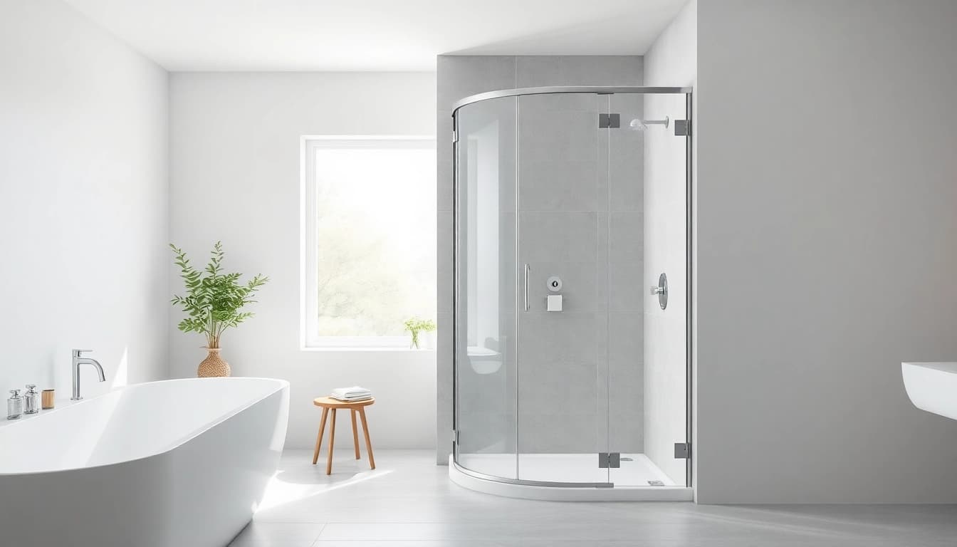 Elegant corner shower screen frameless enhancing modern bathroom design with bright natural lighting.