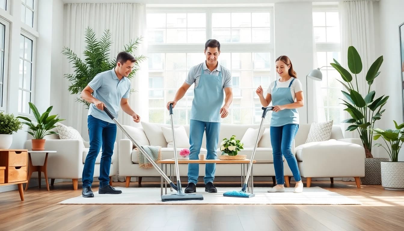 Spotlight on a Cleaning Service crew refreshingly cleaning a bright, modern living room.