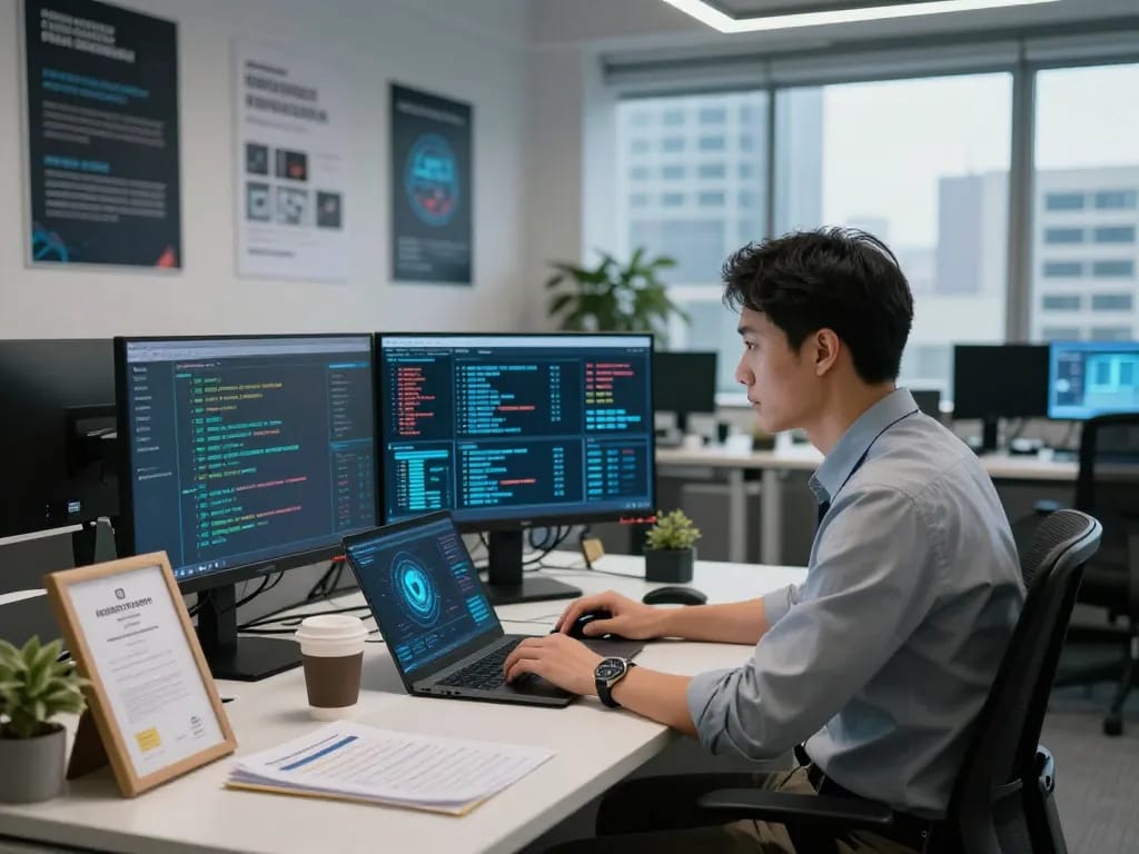 Cybersecurity analyst at work monitoring threats for safe access at https://shs-dome5.com/ in a modern office.