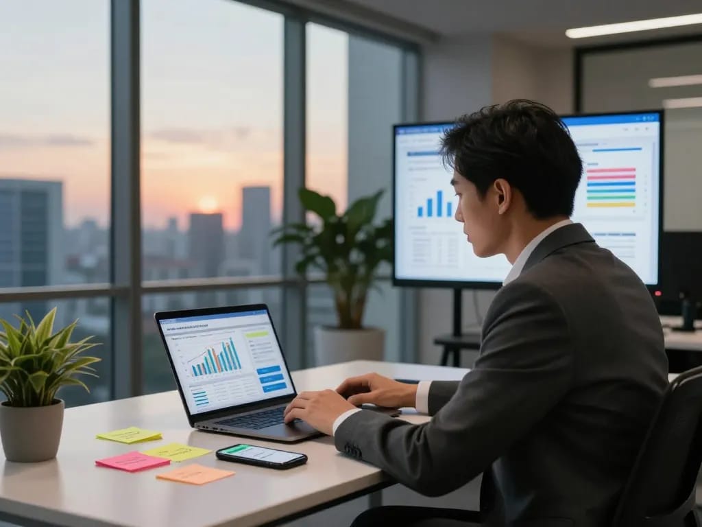 Engaging financial consultant discussing 소액결제현금화 trends with clients in a modern office.