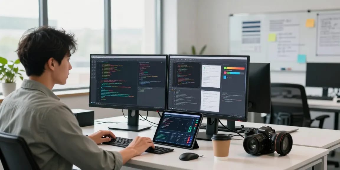 Detect AI image moderation in a tech workspace, showcasing an AI specialist analyzing flagged content.