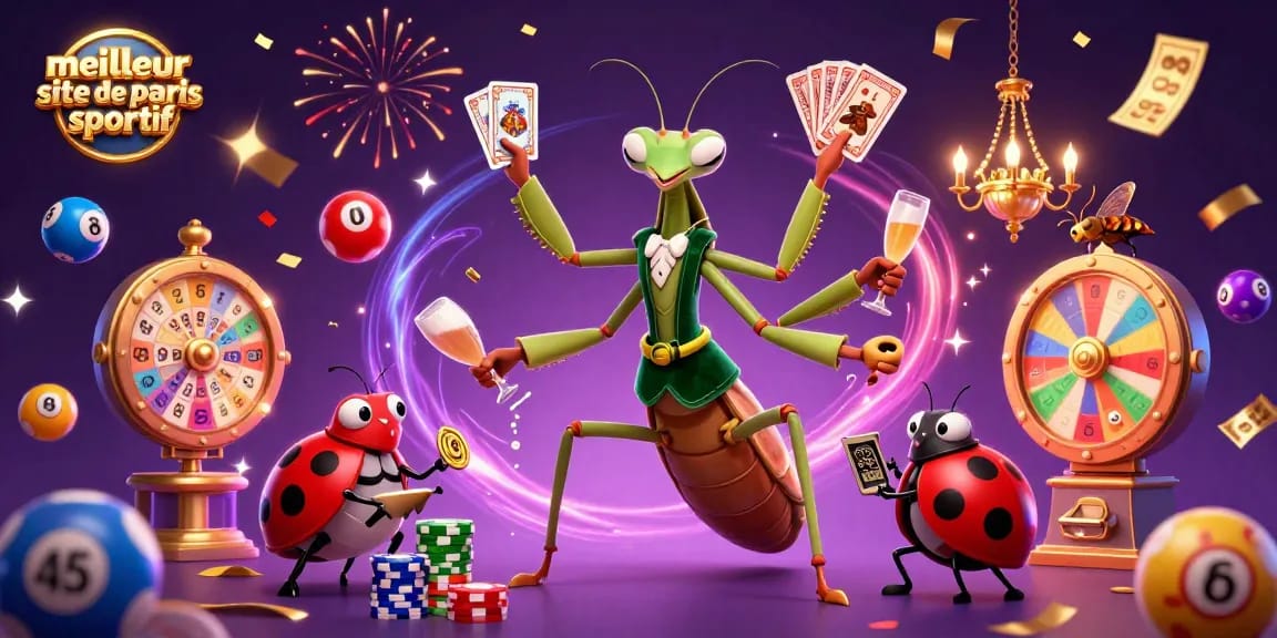 Jouer sur le meilleur site de paris sportif avec une illustration dynamique captivante de personnages et éléments de casino.