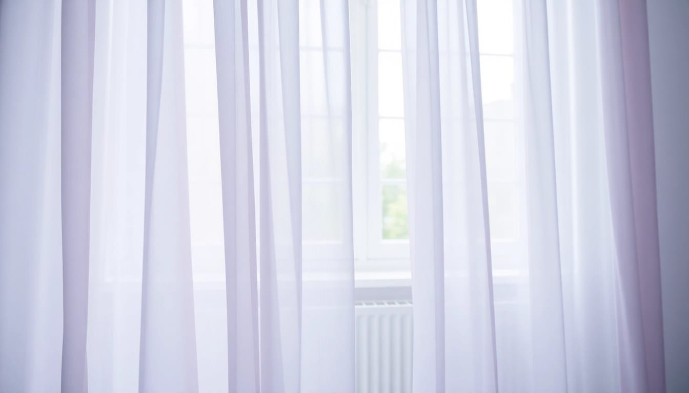 Elegante voile stof die de ruimte opfleurt met zijn zachte textuur en lichte kleuren.