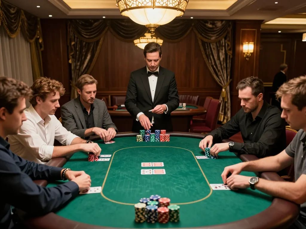 Engaged players strategizing during an intense poker game at nk88 casino.