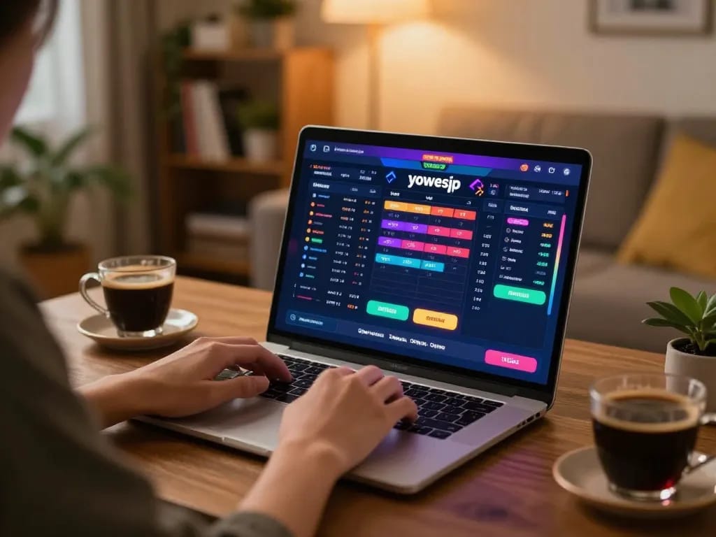 Engaging player navigating yowesjp online togel interface from cozy home setup, showcasing real-time betting.