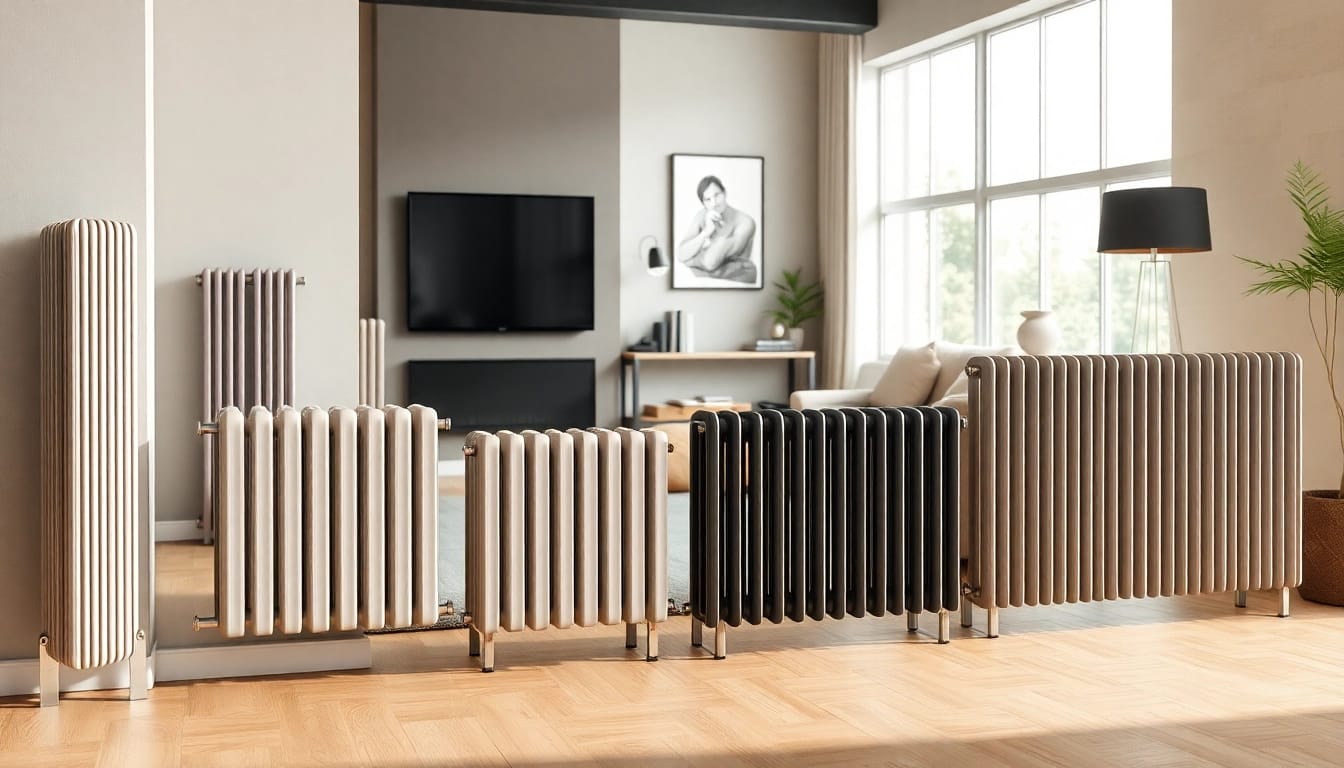 Heizkörper kaufen in einem modernen Wohnzimmer mit verschiedenen Designs und stilvollen Akzenten.