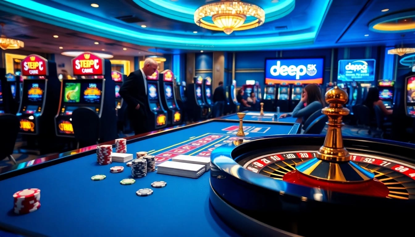 Engaging scene of a casino atmosphere with players enjoying poker and slots, featuring depo 5k promotions.