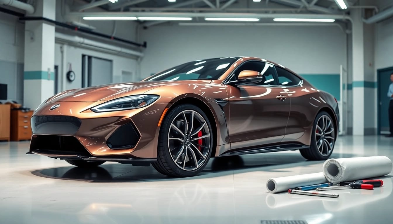 Application of PPF Chattanooga on a car in a bright, modern garage.