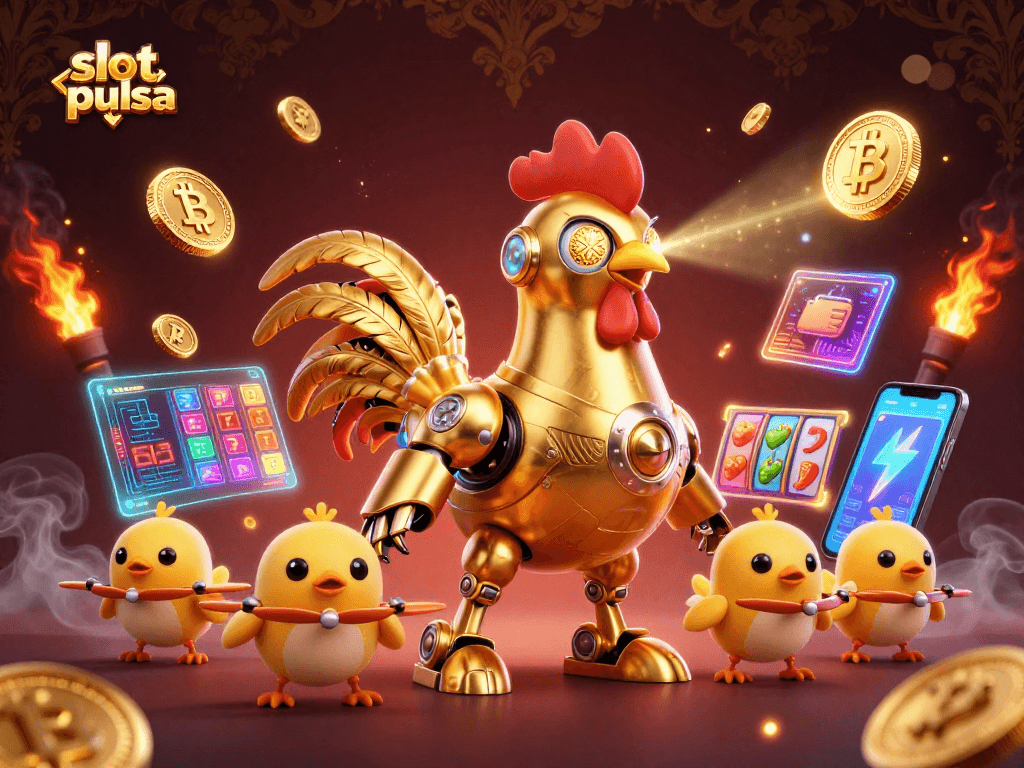 Menang besar dengan slot pulsa dalam ilustrasi kasino yang penuh warna dan detail.