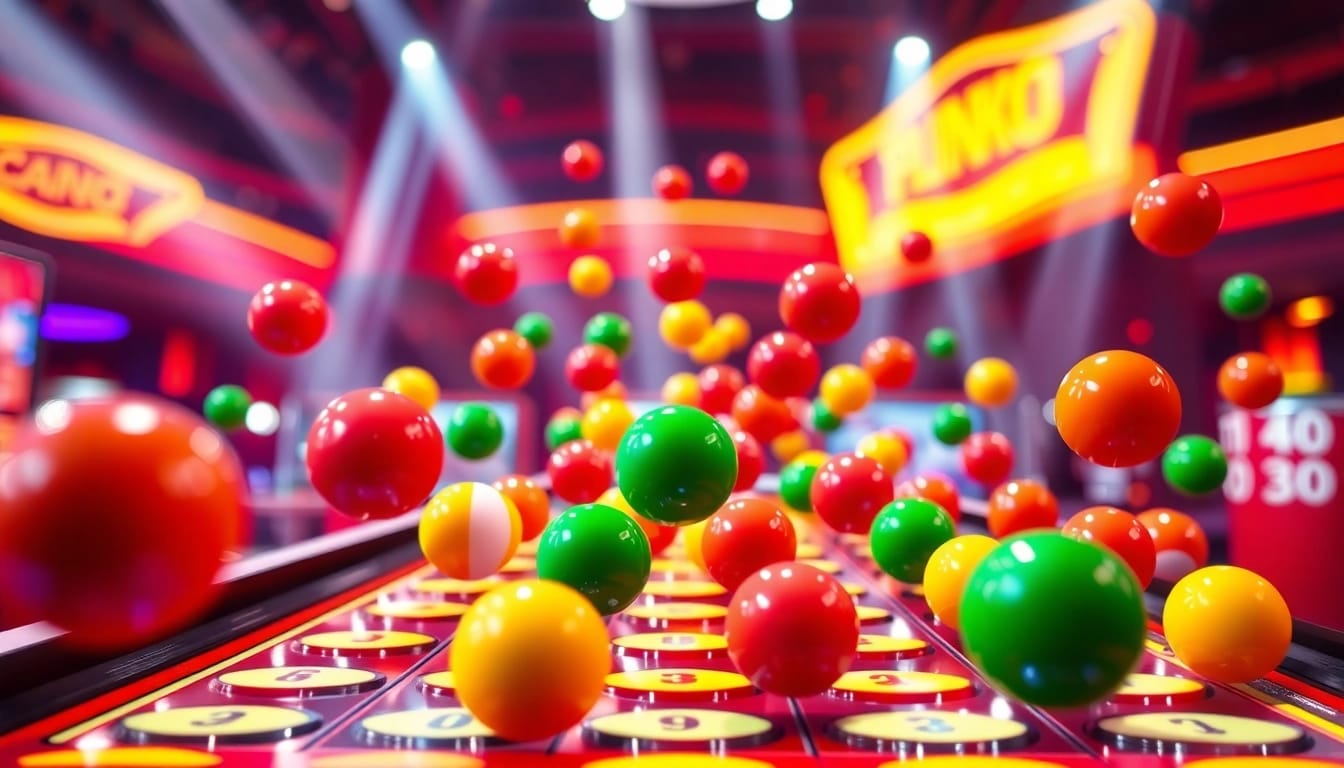 Permainan situs plinko menampilkan papan berwarna-warni dengan bola melompat di kasino.