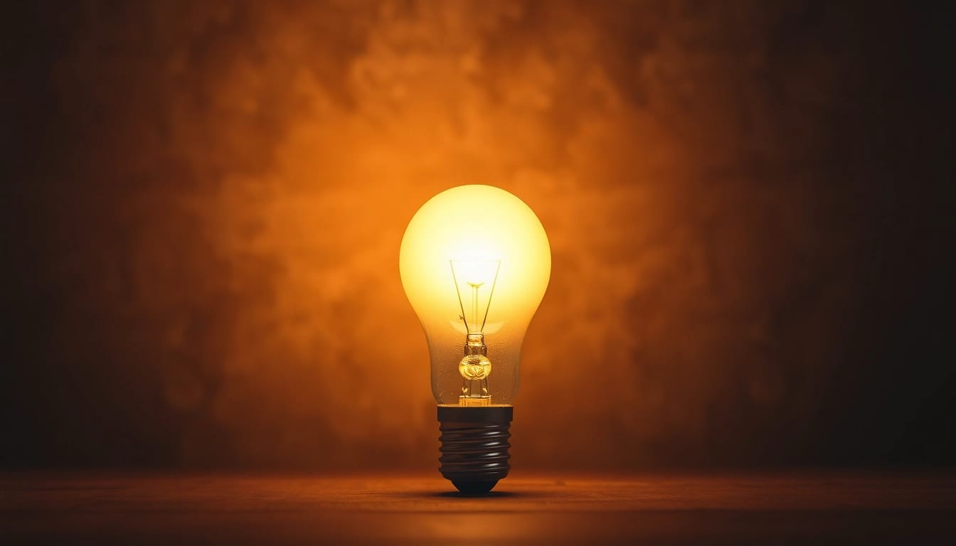 What is an A19 light bulb radiating warm light in a minimalist setting.