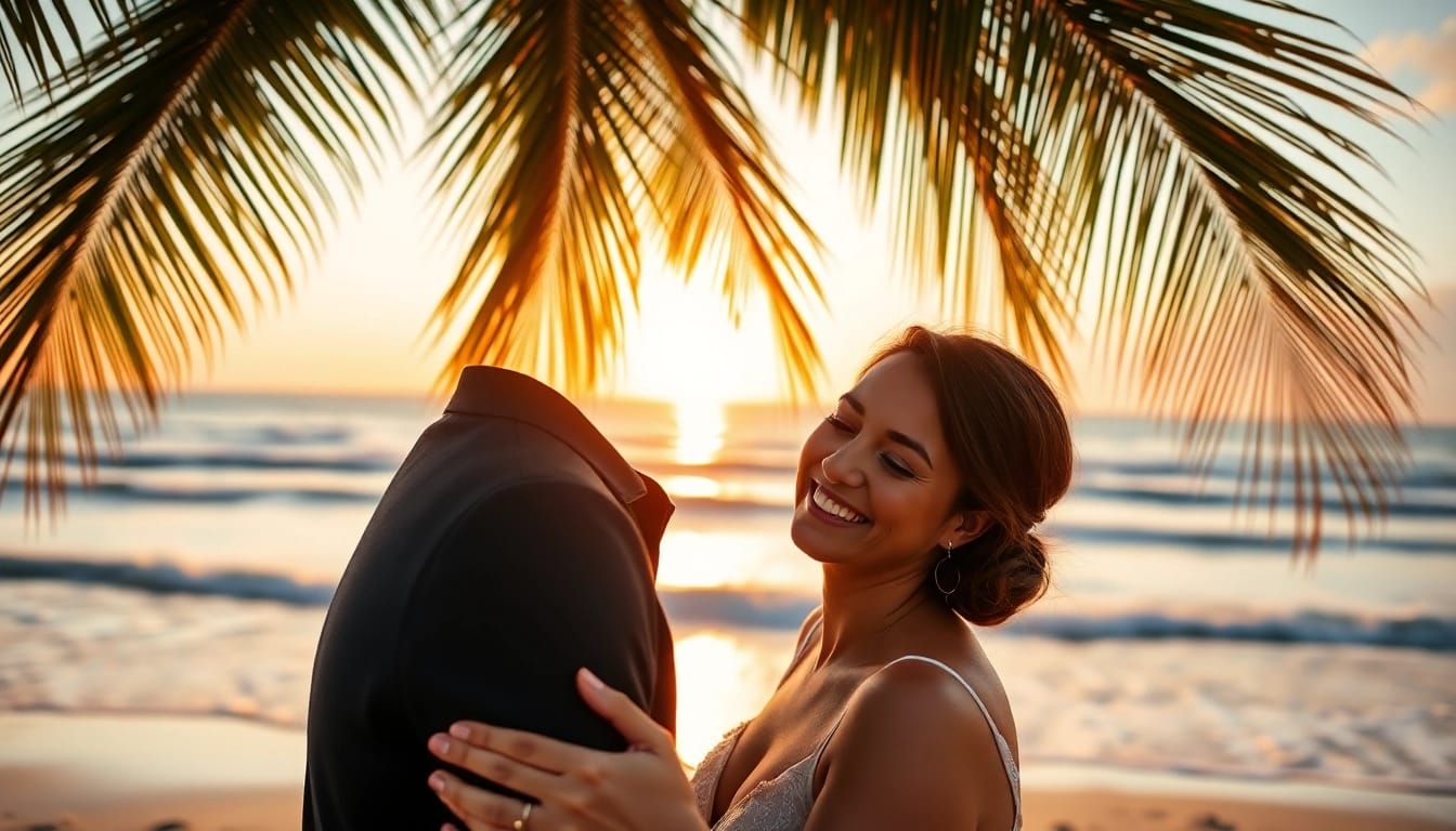 Destination photographer capturing a couple's sunset moment on a scenic beach.