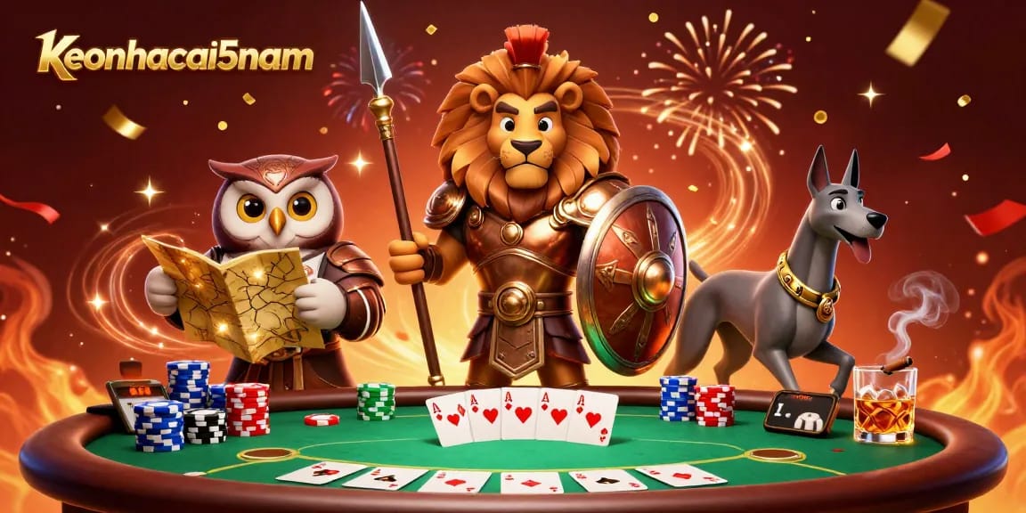Engage with keonhacai5nam in a vibrant cartoon casino scene featuring a lion, owl, and greyhound.