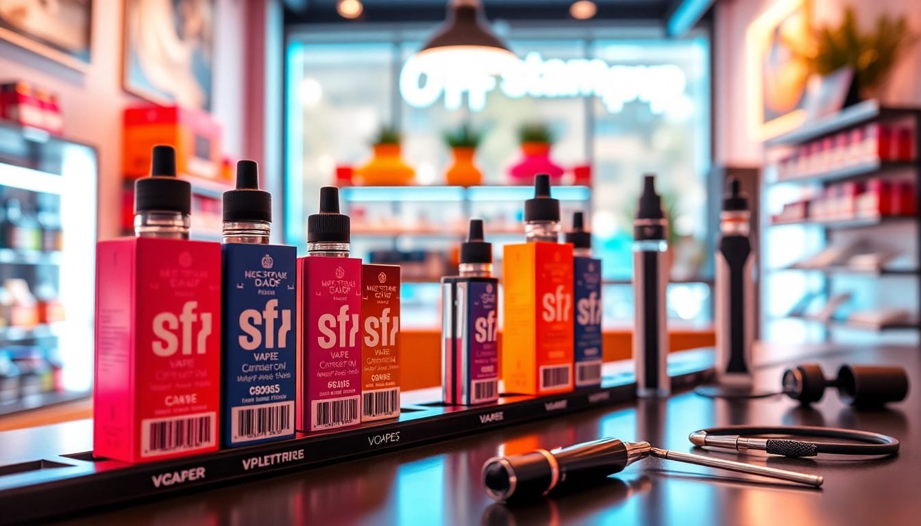 Shop vibrant off stamp vapes arranged colorfully on modern shelves.