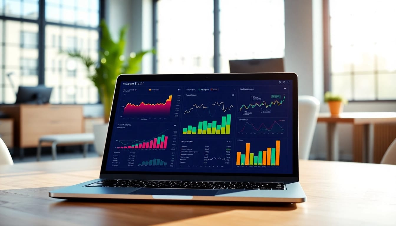 Visualize AI for competitor analysis with graphs and data insights in a modern office.
