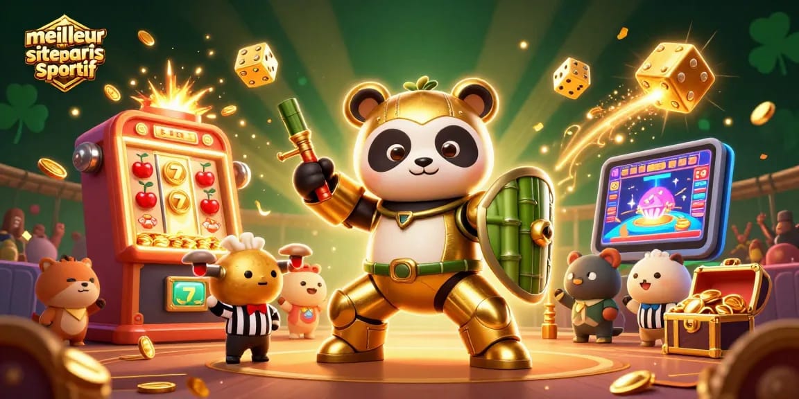 Découvrez le meilleur site de paris sportif avec un panda en armure combattant dans une arène animée.