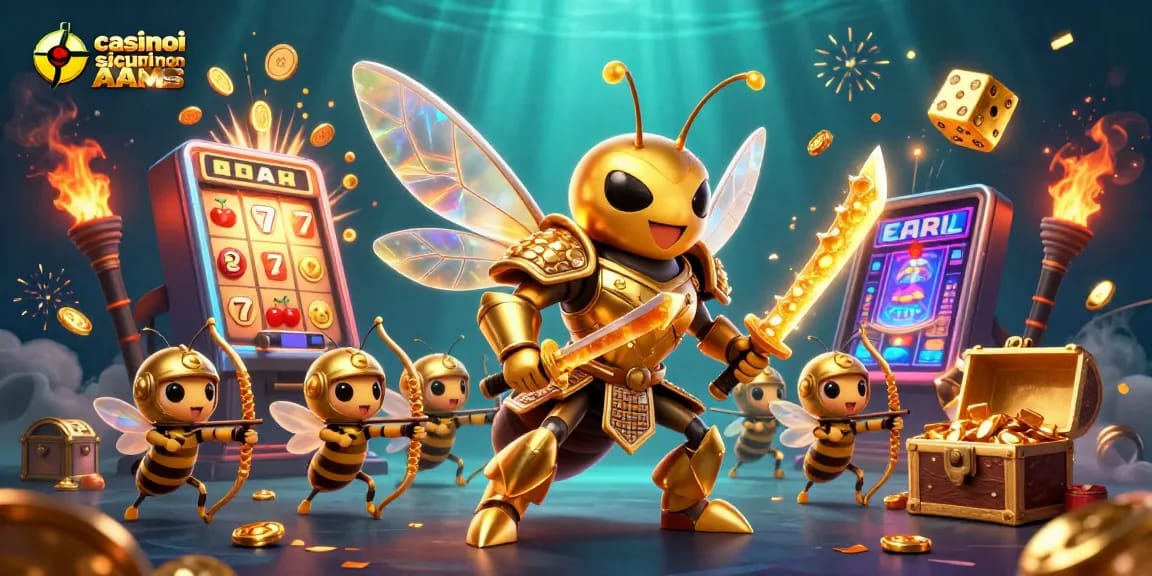 Gioca nei casino sicuri non AAMS con un'illustrazione di un'ape samurai in un frenetico ambiente di gioco.