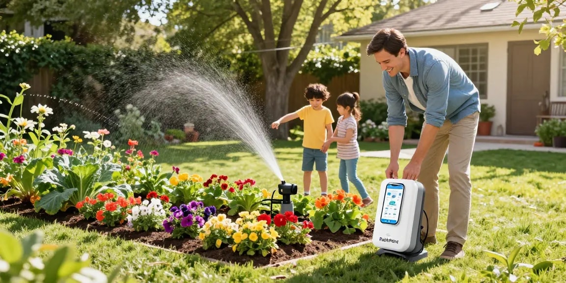 Family using the RainPoint wifi irrigation system in a vibrant garden, ensuring optimal plant care.