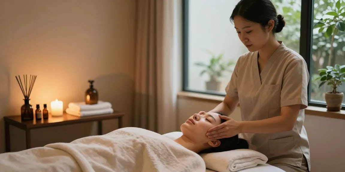 Relaxing 1인샵 massage experience with therapist performing facial treatment in a serene studio.