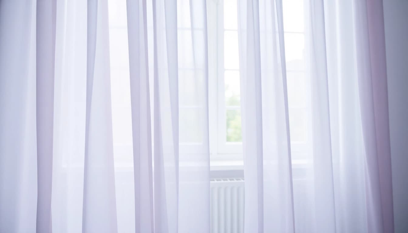Elegante voile stof die de ruimte opfleurt met zijn zachte textuur en lichte kleuren.