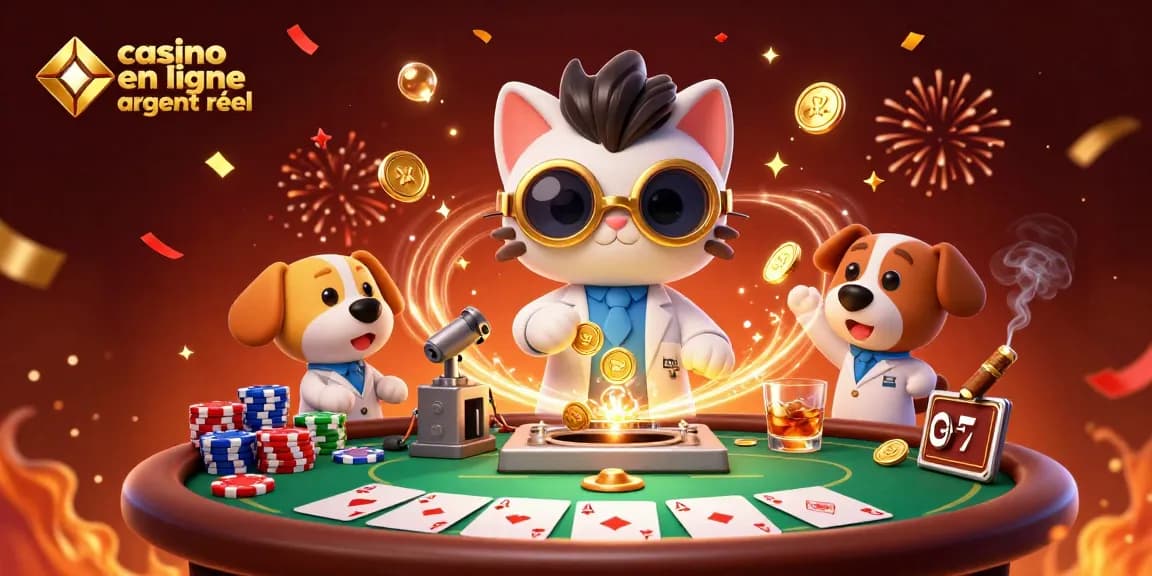 Jouez dans un casino en ligne argent réel avec une illustration dynamique de personnages de jeux.
