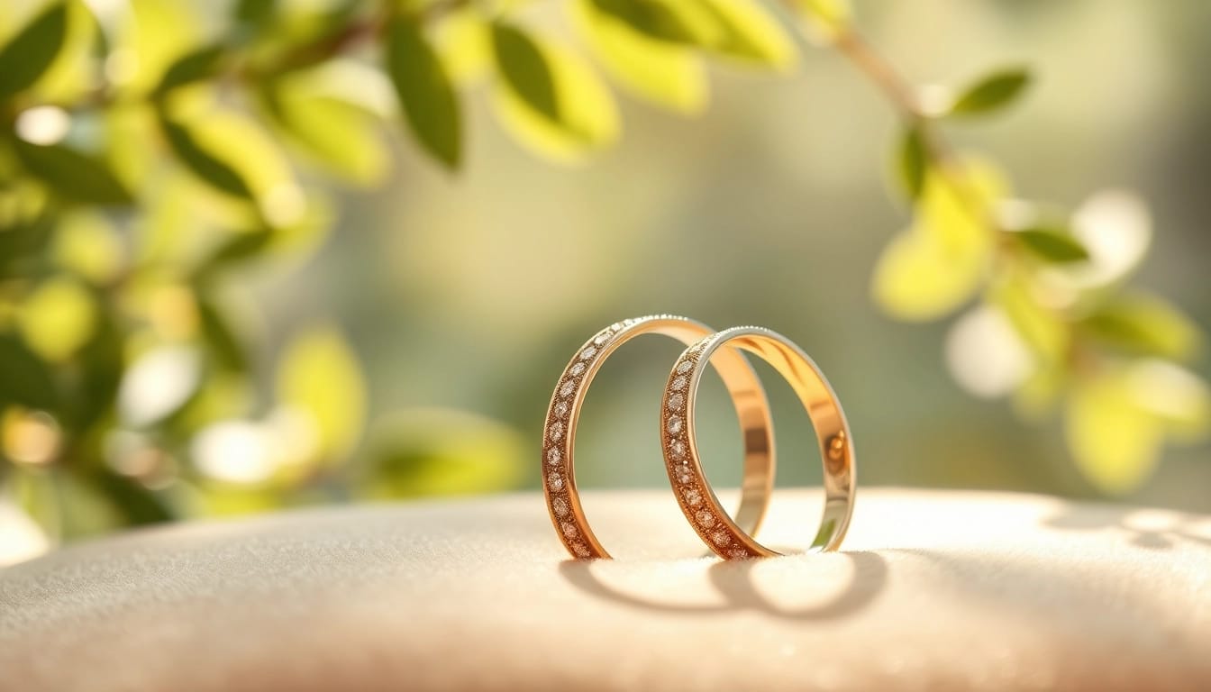 Showcasing exquisite wedding bands with detailed designs on a luxurious backdrop.