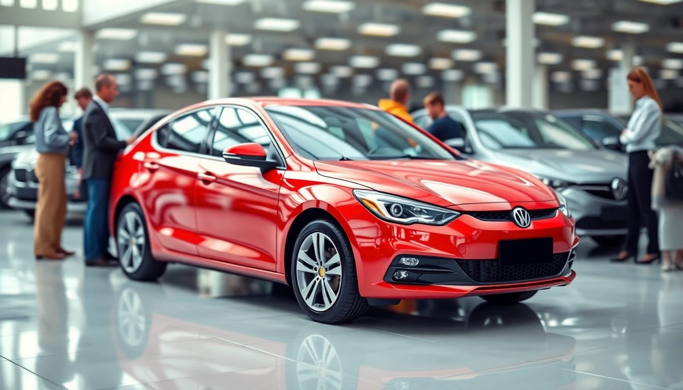 Explore extended car warranty for used cars with a vibrant illustration of a used vehicle in a showroom.