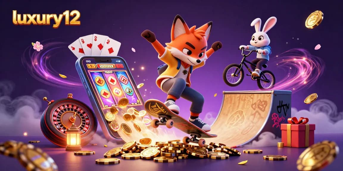 Experience luxury12's vibrant gaming world with a skateboarder fox and BMX-riding rabbit in an animated casino scene.