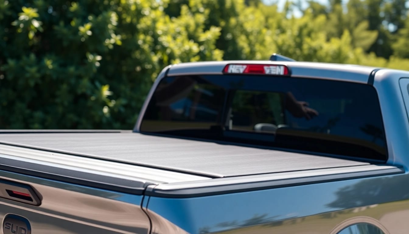 Showcasing a tonneau cover securely fitted on a pickup truck, highlighting its design and utility.