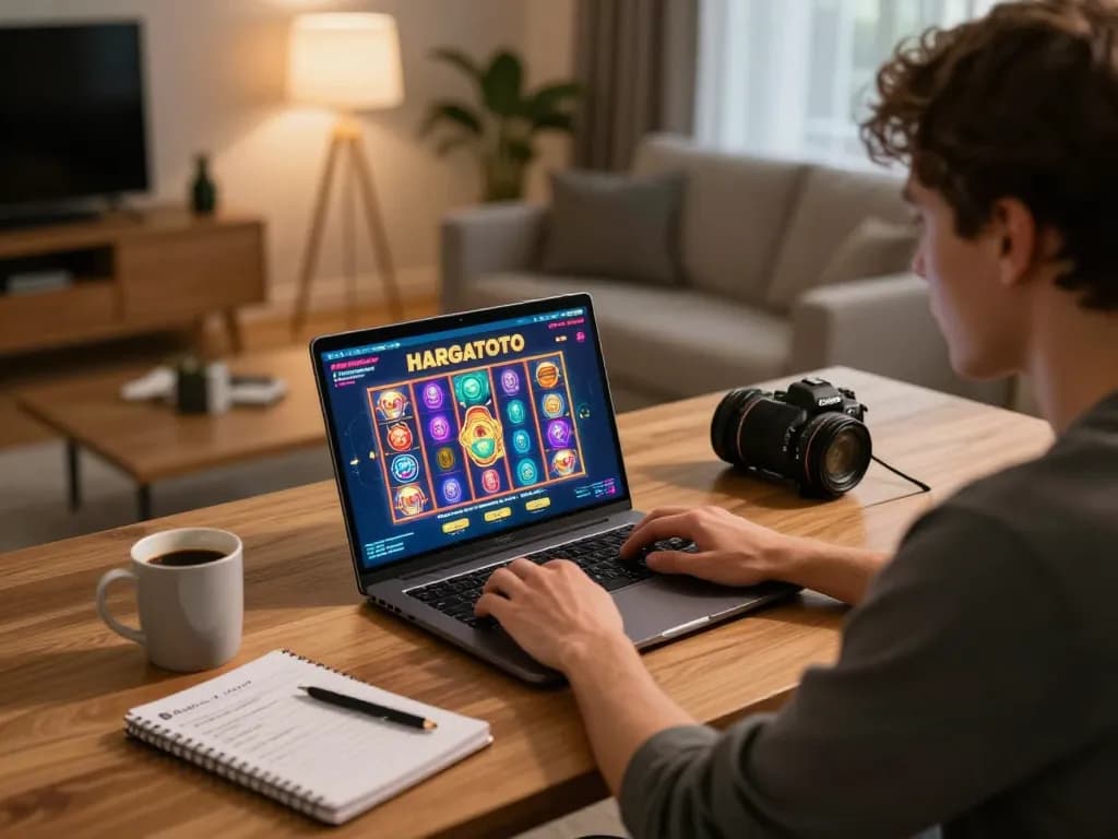 Experience hargatoto login on a cozy home setup with vibrant online slots in play.