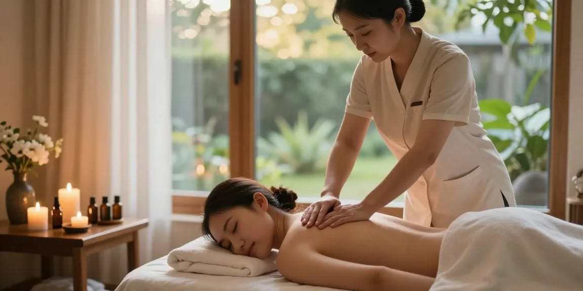 Massage therapy session in a tranquil spa environment with soothing lighting and professional touch.