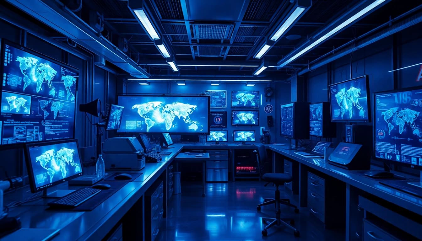 AI NSFW laboratory showcasing futuristic image generation technology and researchers at work.