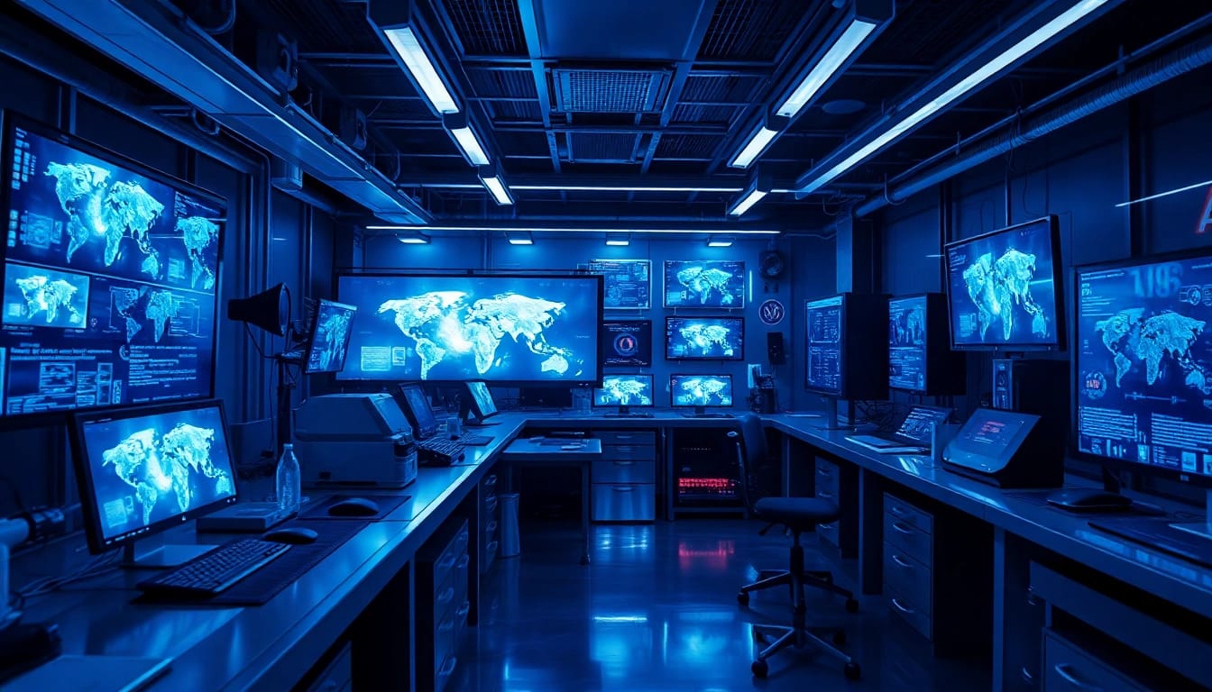 AI NSFW laboratory showcasing futuristic image generation technology and researchers at work.