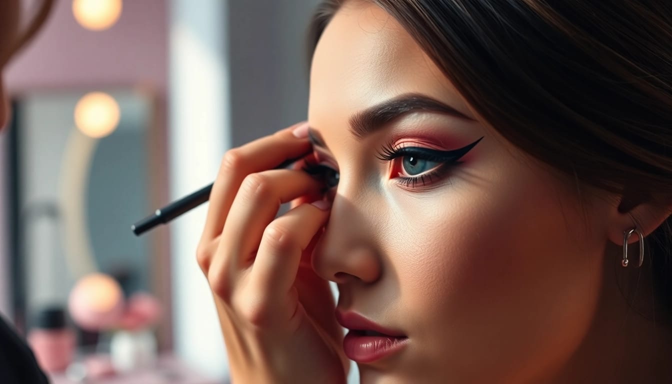 Applying Insanely Intense Tattooed Eyeliner with precision in a chic studio.
