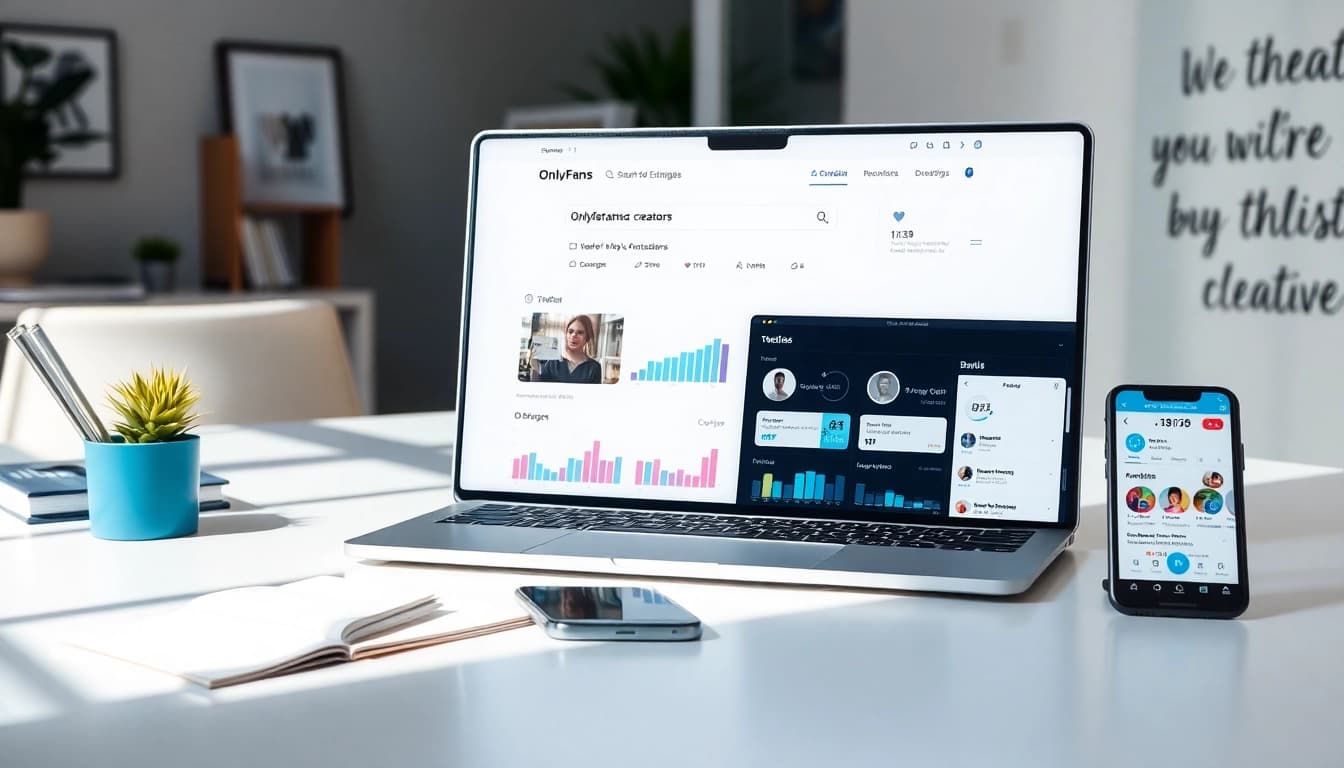 Visual representation of tools for finding OnlyFans creators on a sleek digital workspace with engagement stats.
