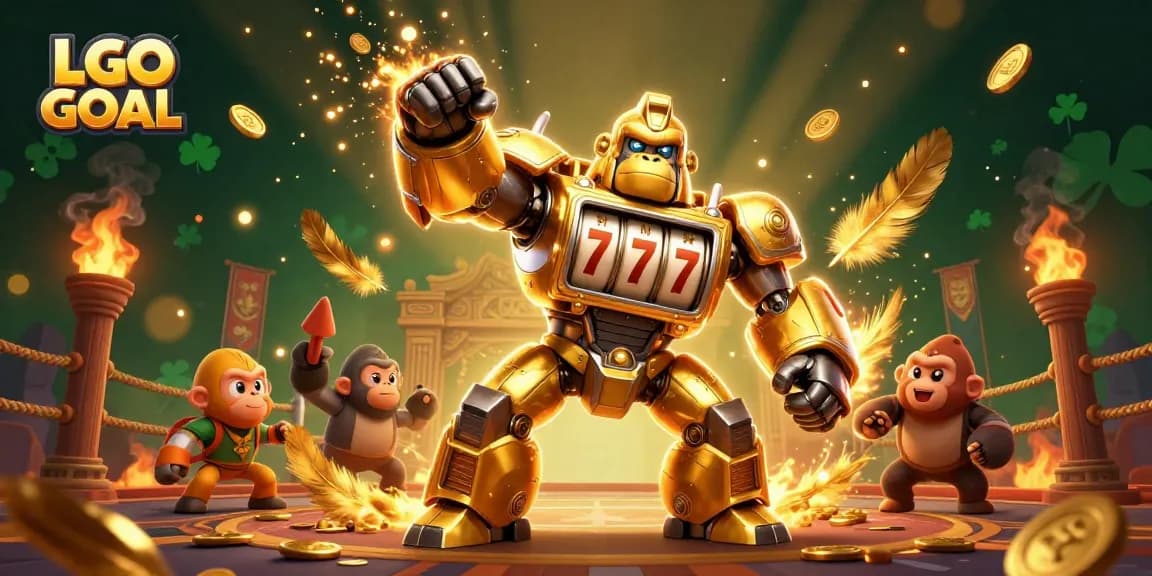 Experience the LGO GOAL as a mech gorilla reveals gambling treasures in a dynamic casino battle scene.
