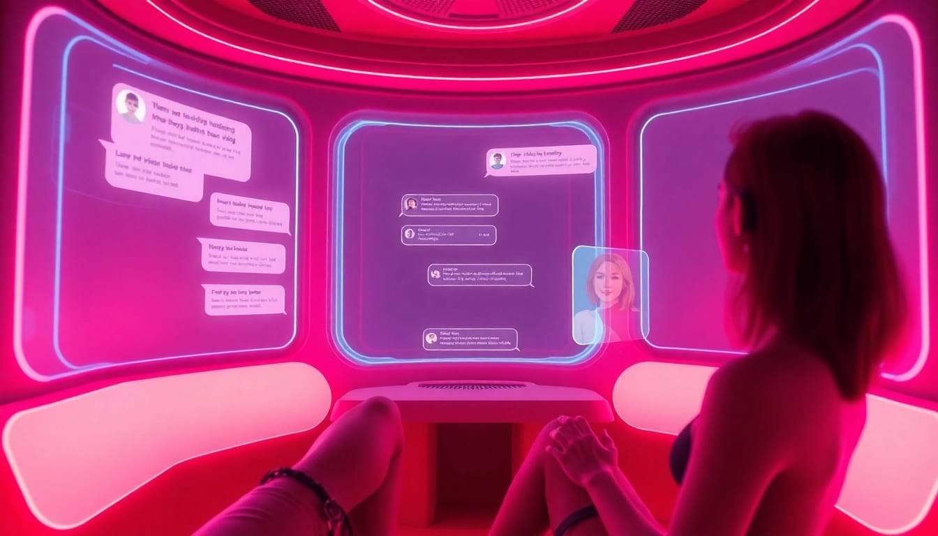 Engaging NSFW AI chat environment featuring intimate screens and AI avatars.